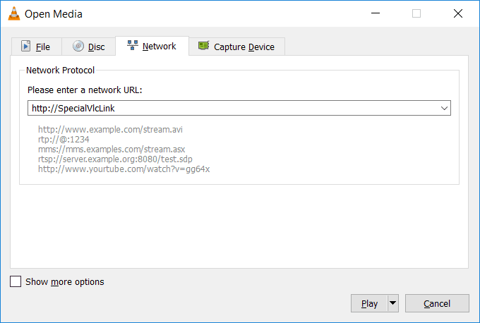 Enter VLC Network URL