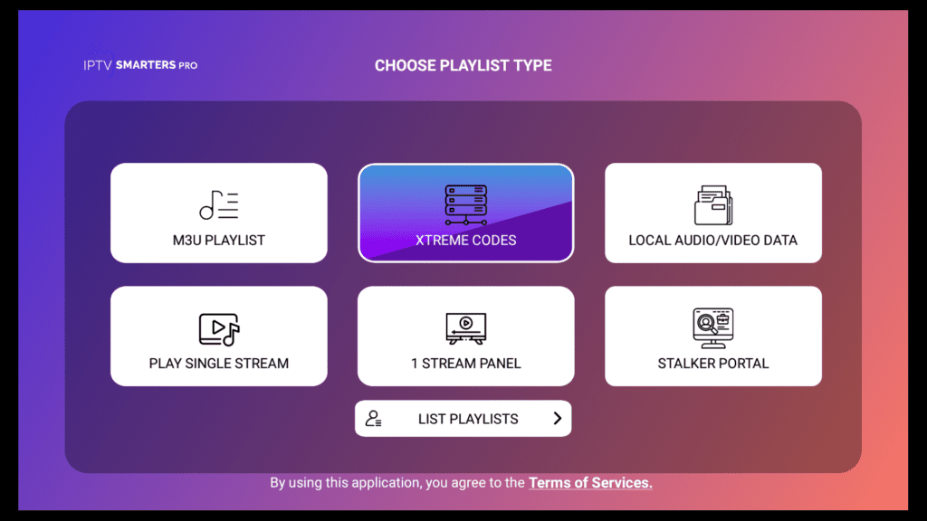 selecting the xtreame codes icon inside of choose a playlist type