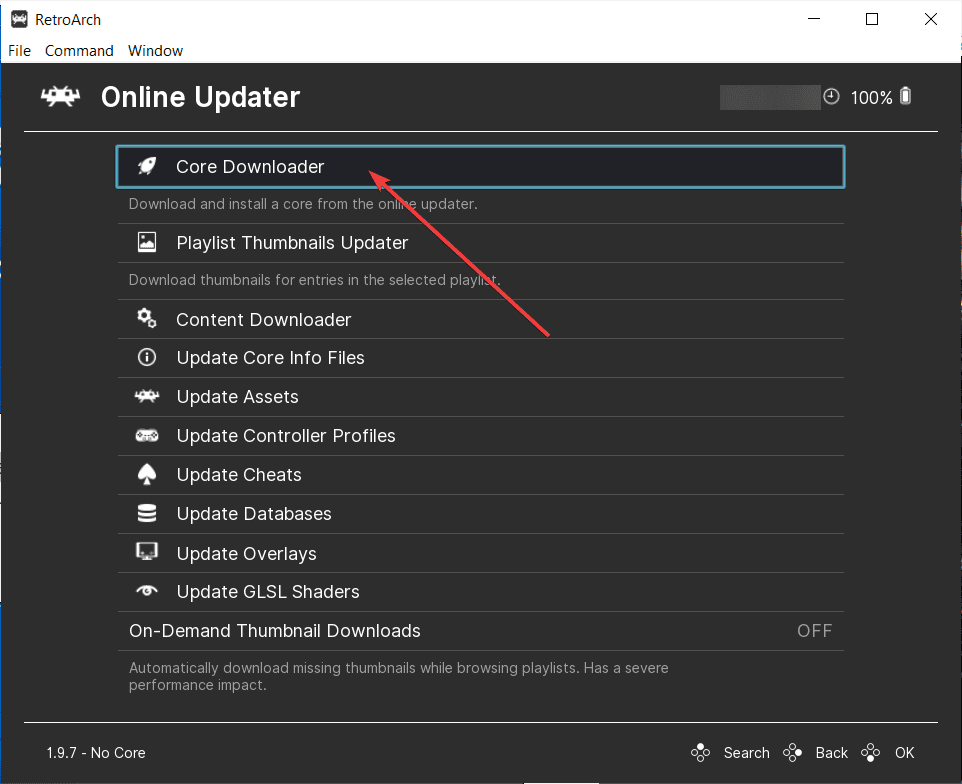 Click on RetroArch Core Downloader