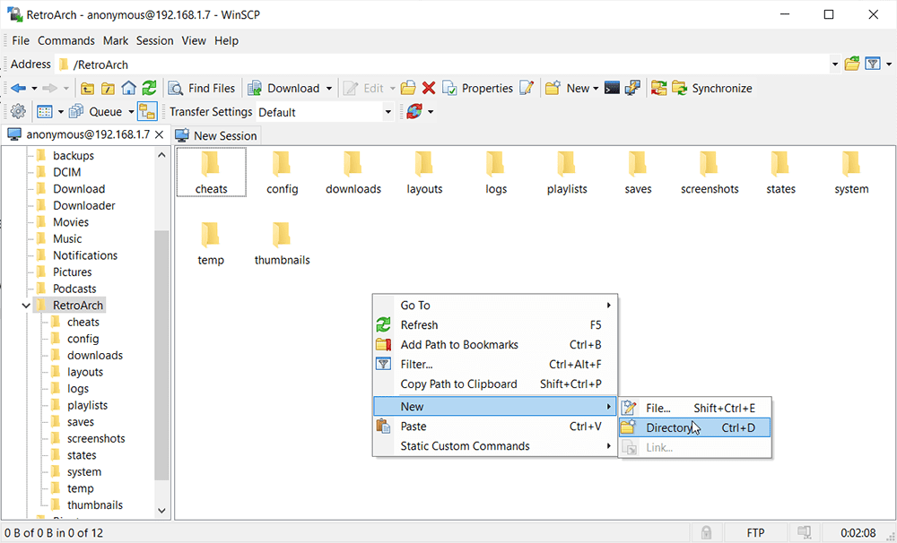 make a new directory in winscp for retroarch roms