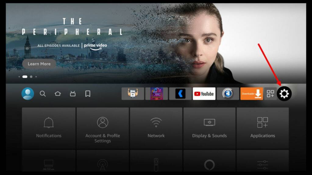 Choose setings cog for firestick network speed